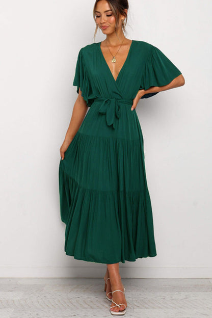 Hazel Blues® |  Front Tie Short Sleeve Tiered Midi Dress