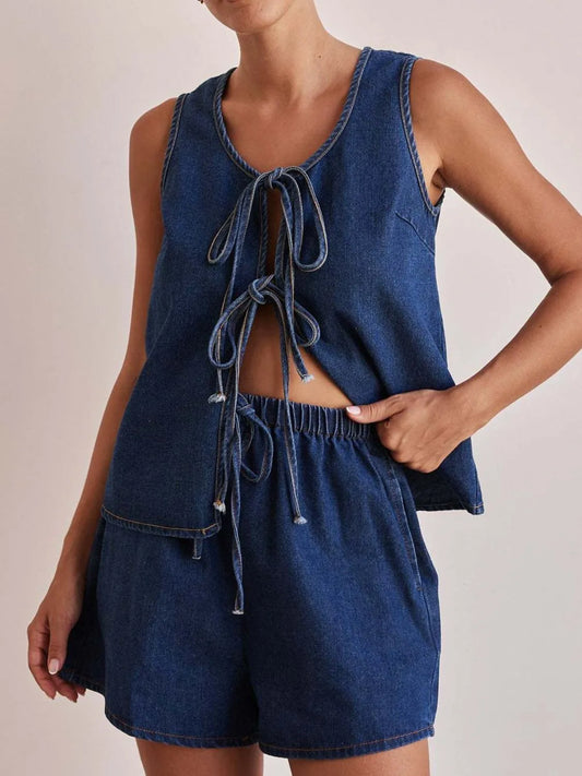 Hazel Blues® |  Tie Front Vest and Shorts Denim Set