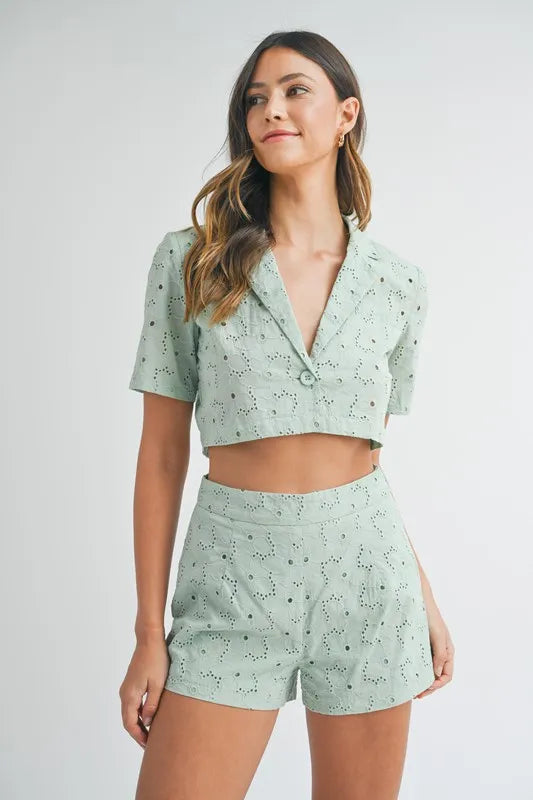 Hazel Blues® |  MABLE Eyelet Short Sleeve Crop Top and Shorts Set