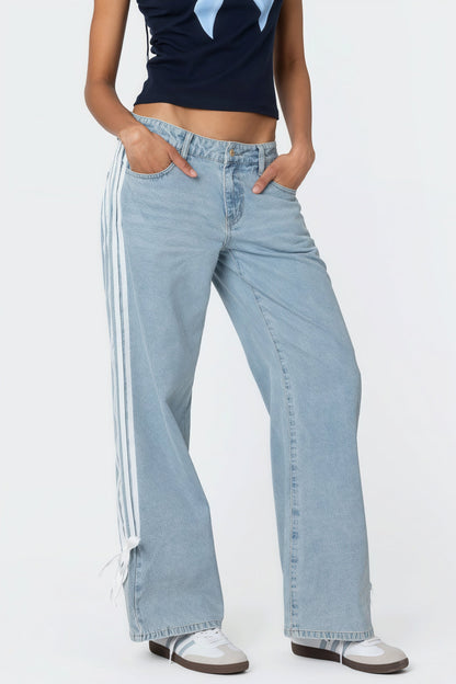 Lace Up Side Stripe Wide Leg Jeans