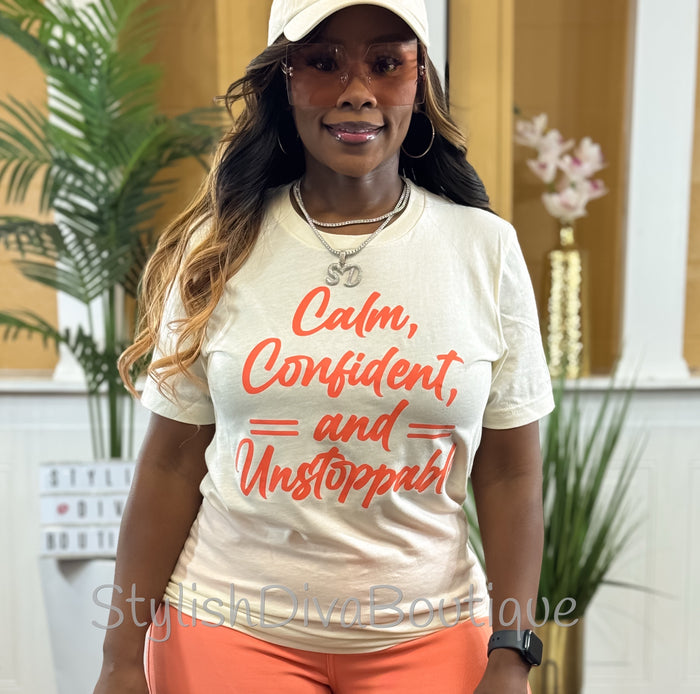 Calm, Confident, & Unstoppable Graphic Tee (Coral Print)
