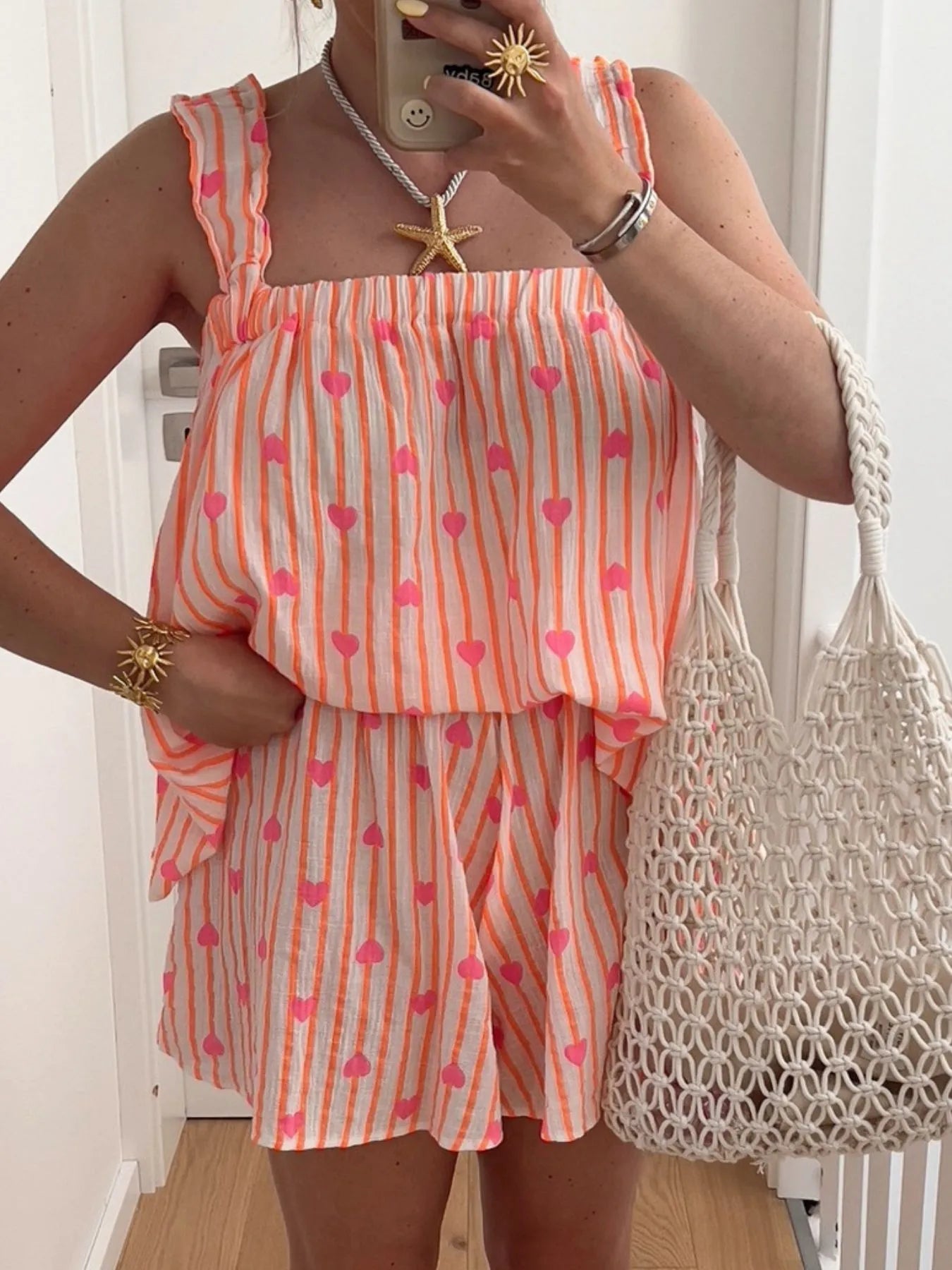 Hazel Blues® |  Striped Heart Cami Top and Shorts Set