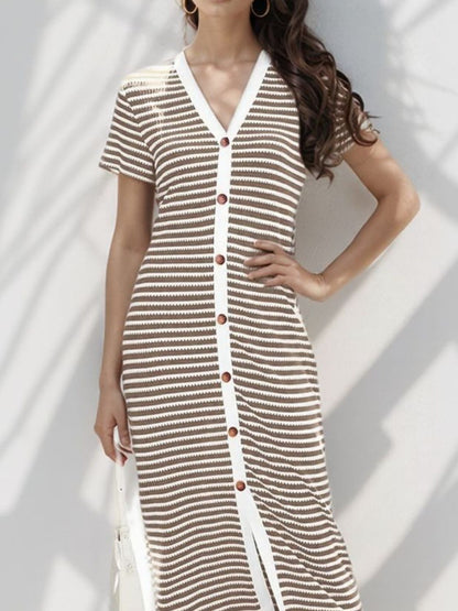 Hazel Blues® |  Contrast Striped V-Neck Short Sleeve Midi Dress