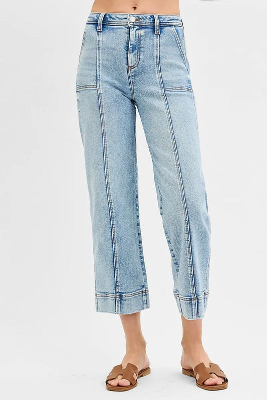 Hazel Blues® | RISEN High Rise Crop Wide Front Seam Detailed Jeans