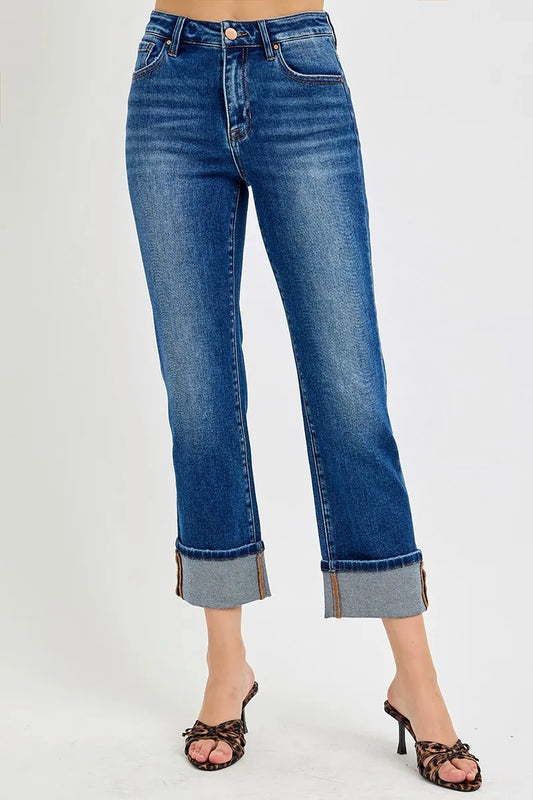 Hazel Blues® | RISEN High Rise Ankle Straight Cuffed Jeans