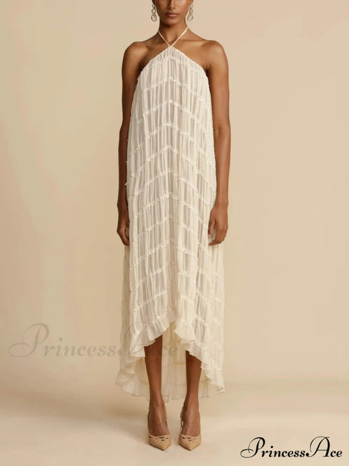 Charming Pleated Drawstring Waist Graceful Tiered Halterneck Midi Dress