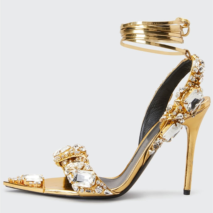 Chunky Rhinestone Metallic Lace Up High Heel Sandals