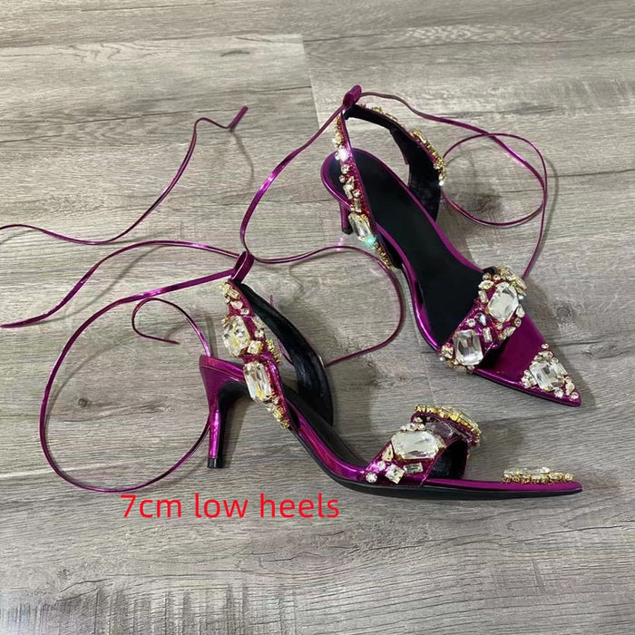 Chunky Rhinestone Metallic Lace Up High Heel Sandals