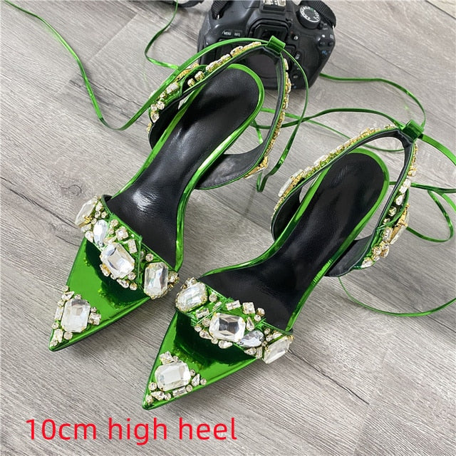 Chunky Rhinestone Metallic Lace Up High Heel Sandals