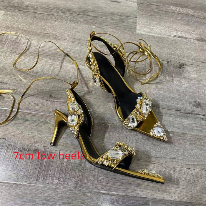 Chunky Rhinestone Metallic Lace Up High Heel Sandals