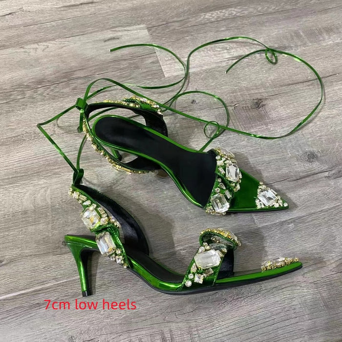 Chunky Rhinestone Metallic Lace Up High Heel Sandals