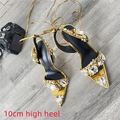 Chunky Rhinestone Metallic Lace Up High Heel Sandals