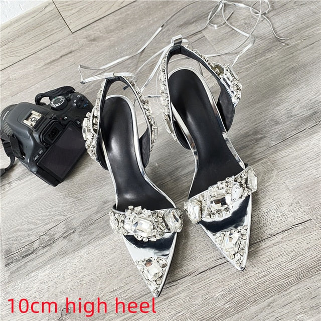 Chunky Rhinestone Metallic Lace Up High Heel Sandals