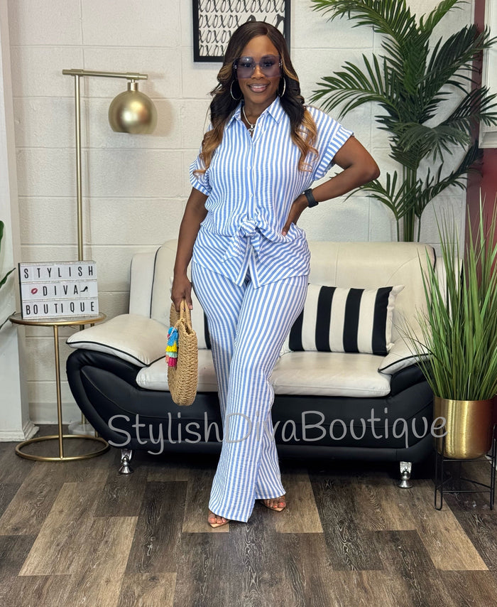 Coastal Diva Pants Set (Blue/White)