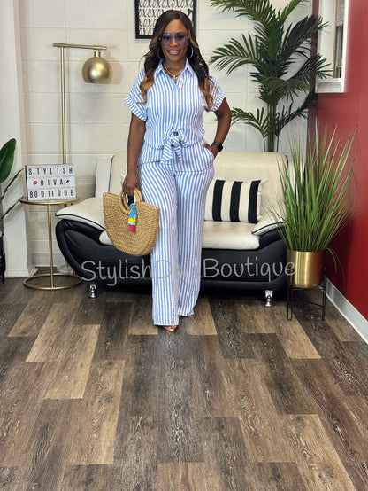 Coastal Diva Pants Set (Blue/White)