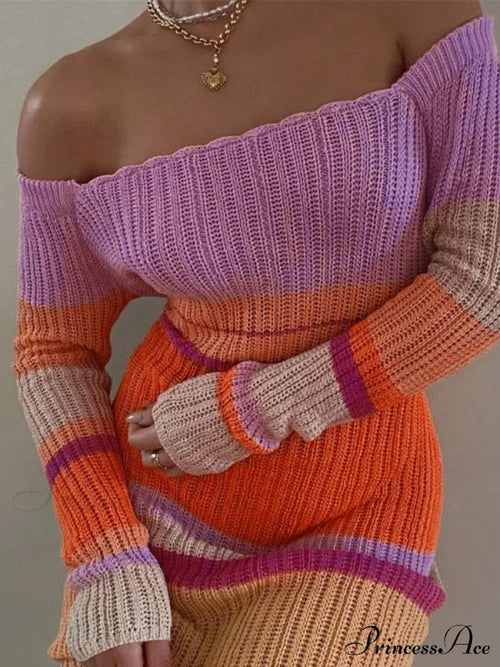 Color Block Stripe Knitted Modern Halter Maxi Dress