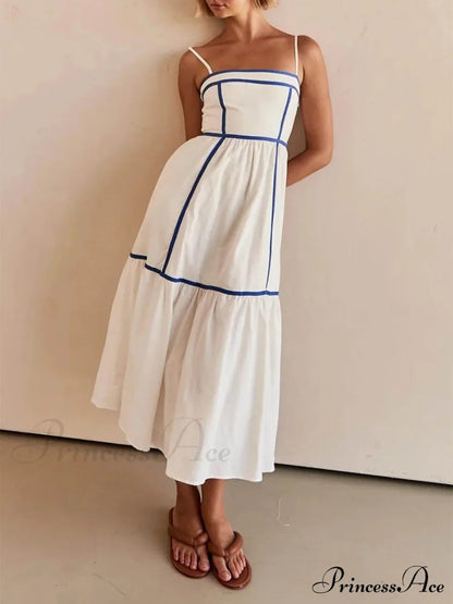 Contrast Color Trim Charming Adjustable Straps Midi Dress