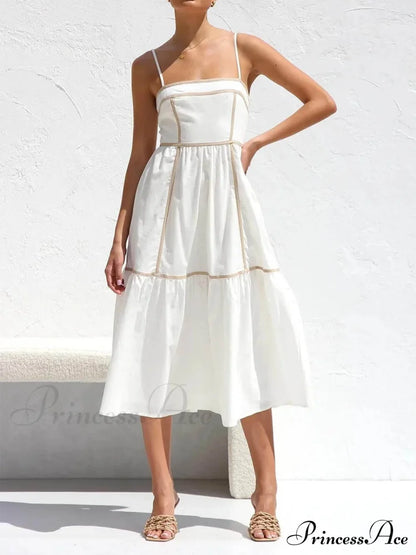 Contrast Color Trim Charming Adjustable Straps Midi Dress