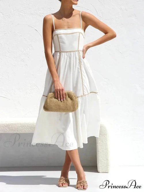 Contrast Color Trim Charming Adjustable Straps Midi Dress