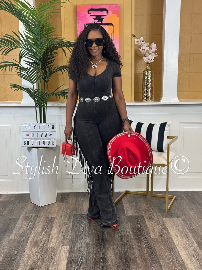 Country Girl Mineral Washed Fringed Jumpsuit (Black Wash)