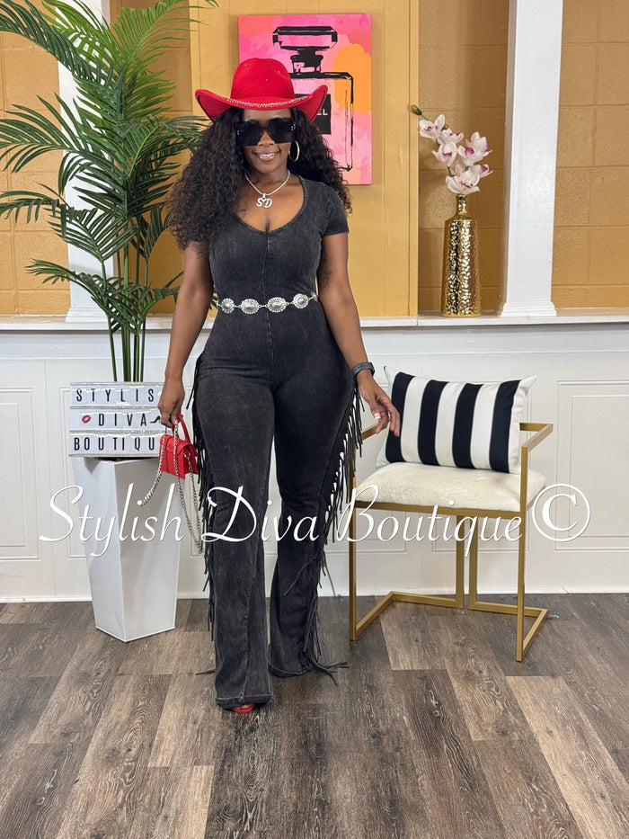 Country Girl Mineral Washed Fringed Jumpsuit (Black Wash)