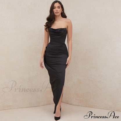 Cowl Neck Split Trendy Satin Maxi Dress