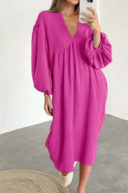 Crepe V Neck Puff Sleeve Loose Dress