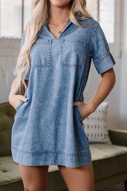 Hazel Blues® |  Short Sleeve Collared Patched Pocket Denim Mini Dress
