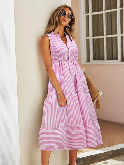 Hazel Blues® |  Striped Sleeveless Tiered Midi Dress