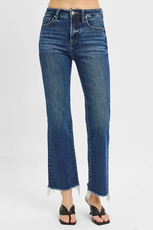 Hazel Blues® |  RISEN Tummy Control High Rise Crop Straight Raw Cut Hem Jeans