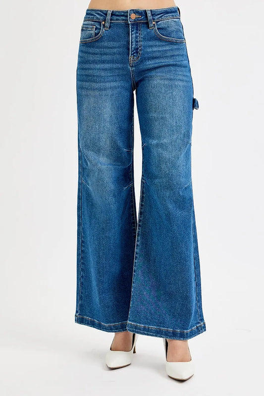 Hazel Blues® | RISEN High Rise Wide Leg Patch Detailed Jeans