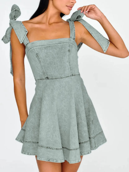 Hazel Blues® |  Bow-Shoulder Square Neck Denim Mini Dress