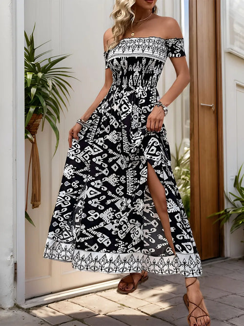 Hazel Blues® |  Perfee Slit Printed Off-Shoulder Dress