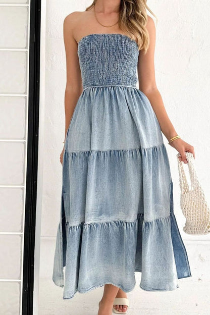 Hazel Blues® |  Smocked Tube Slit Tiered Denim Dress