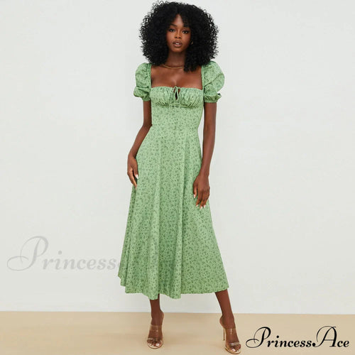 Daisy Printed Puff Sleeve High Slit Sophisticated Smock Maxi Sundress - Dark Yellow