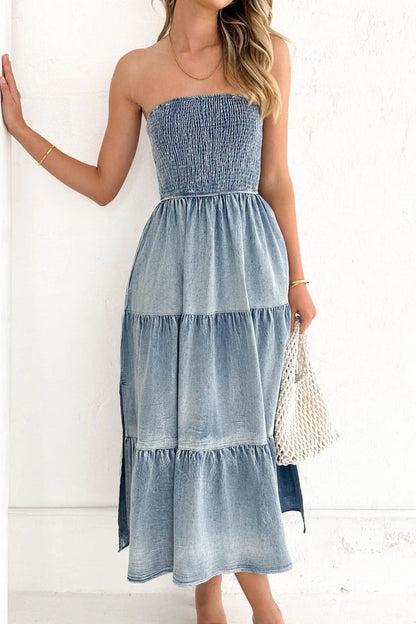 Hazel Blues® |  Smocked Tube Slit Tiered Denim Dress