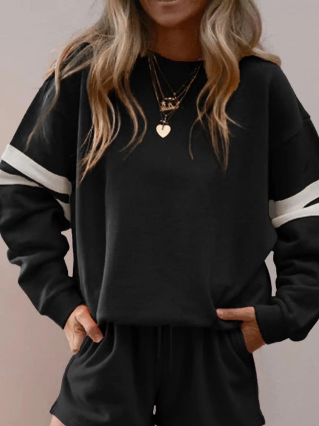 Hazel Blues® |  Stripe Round Neck Sweatshirt and Shorts Set