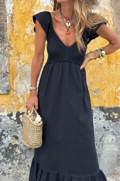 Hazel Blues® |  V Neck Ruffled Cap Sleeve Smocked Maxi Dress