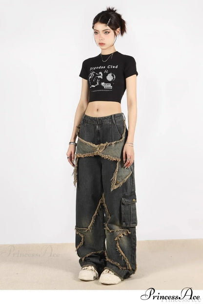 Distressed Frayed Star Straight Leg Hip Hop Jeans