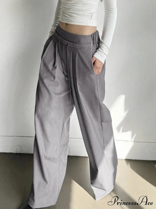 Drawstring Pleat Wide Trendy Leg Dress Pants