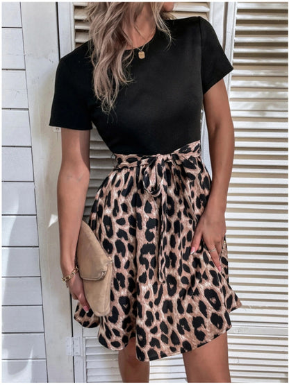 Hazel Blues® |  Tied Front Contrast Leopard Short Sleeve Mini Dress