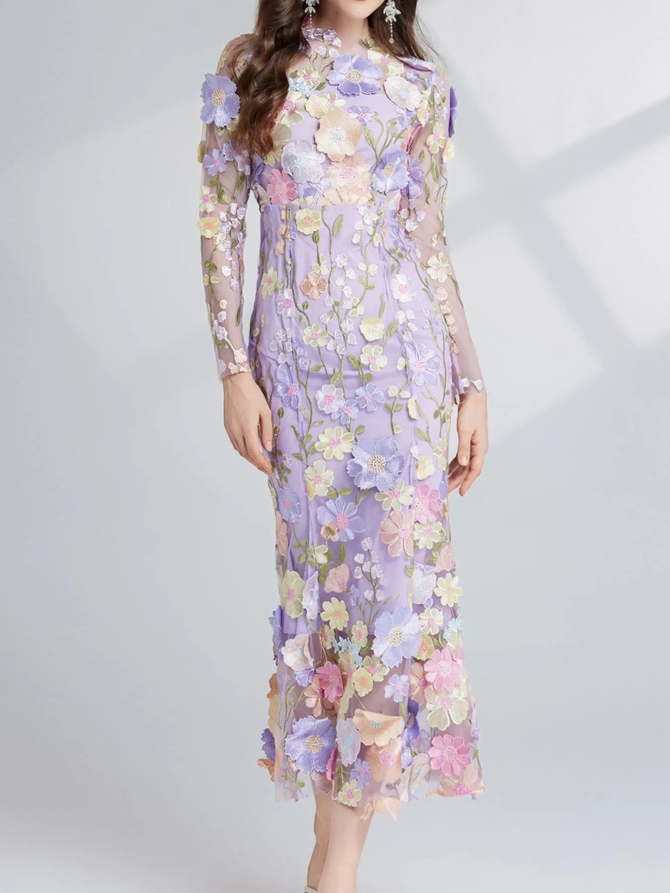 Hazel Blues® |  Floral Embroidered Mesh Long Sleeve Midi Dress