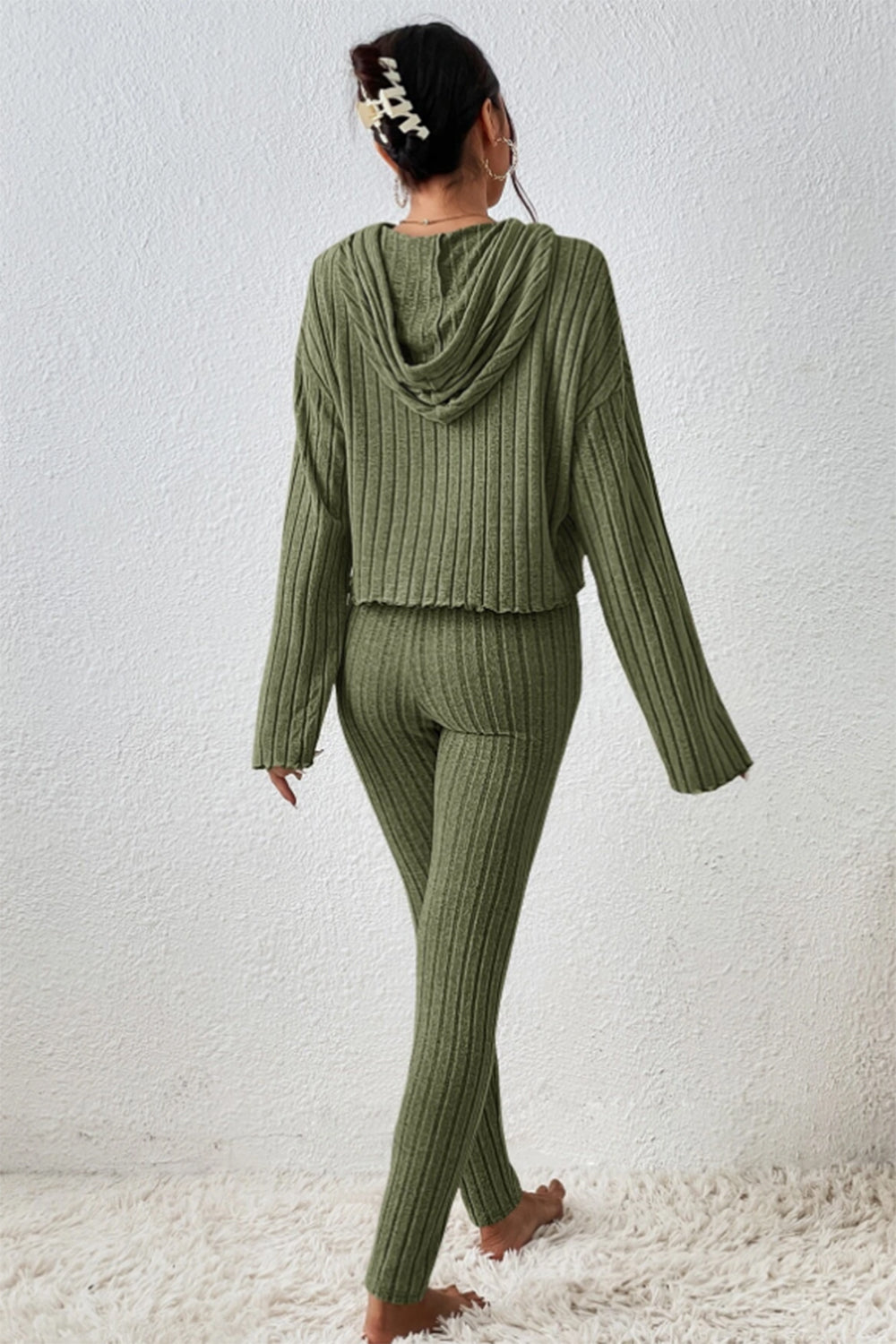 Hazel Blues® |  Lettuce Hem Dropped Shoulder Hooded Top and Pants Set