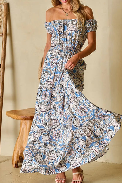 Hazel Blues® |  Boho Paisley Print Off Shoulder Maxi Dress
