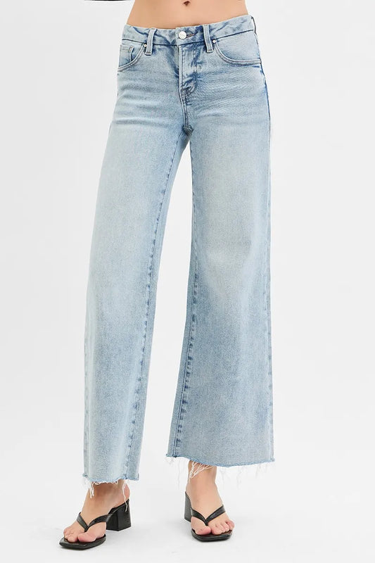 Hazel Blues® | RISEN Tummy Control Low Rise Wide Leg Raw Cut Hem Jeans