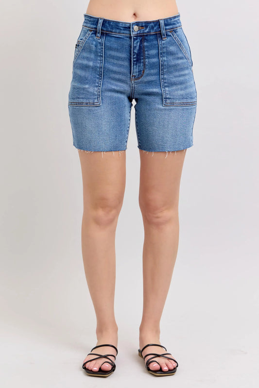 Hazel Blues® | Judy Blue Mid Rise Bermudas Denim Shorts W/ Back Flap Pockets