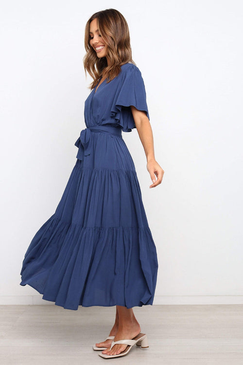 Hazel Blues® |  Front Tie Short Sleeve Tiered Midi Dress