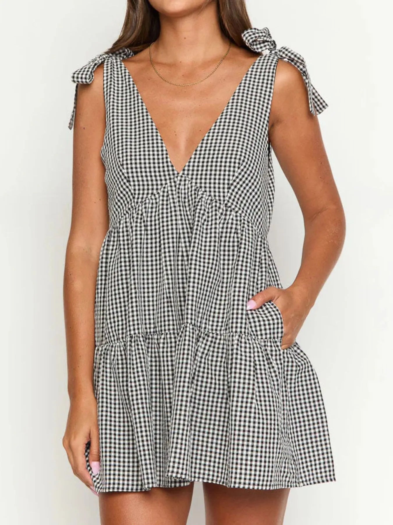 Hazel Blues® |  Gingham Tie Shoulder Mini Dress