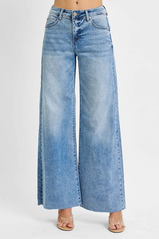 Hazel Blues® | RISEN Tummy Control High Rise Ankle Palazzo Jeans