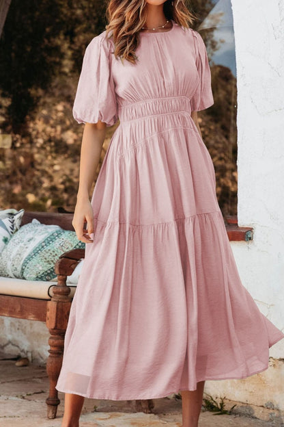 Hazel Blues® |  Puff Sleeve Pleated High Waist Flowy Midi Dress